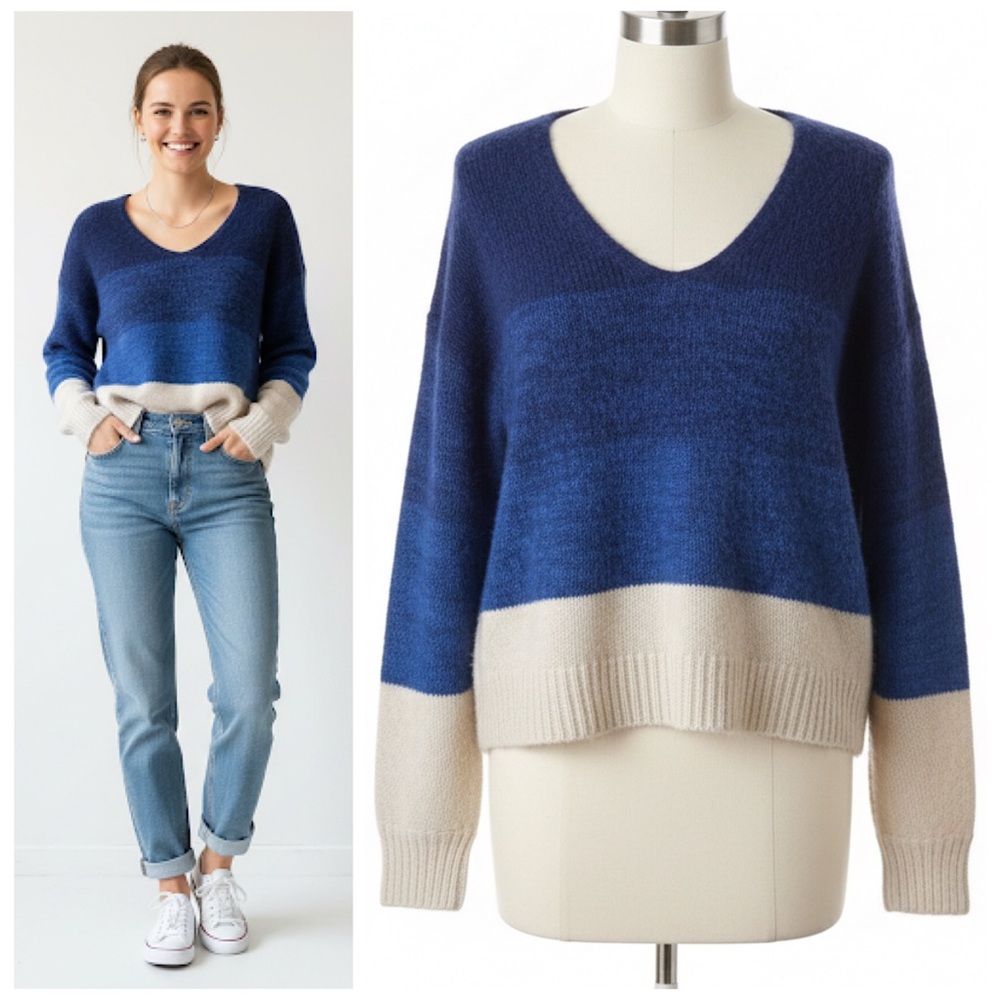 Part Two Raluca Copenhagen Blue Ivory Colorblock Alpaca Wool Blend Sweater Small - Picture 15 of 15